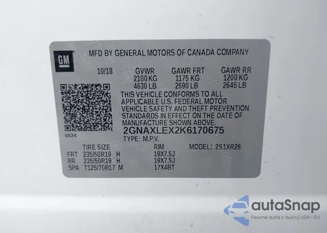 2019 Chevrolet Equinox Lt из США, поврежденный, VIN 2GNAXLEX2K6170675